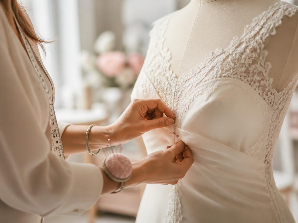 Seamstress fitting a delicate white bridal gown on a mannequin