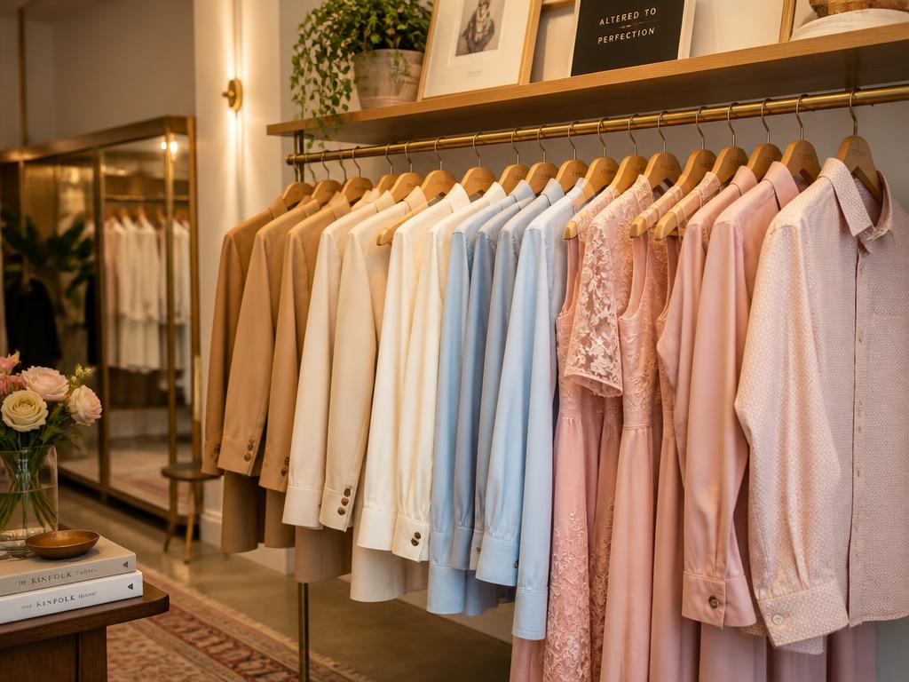 Neatly hung tailored garments in a boutique setting