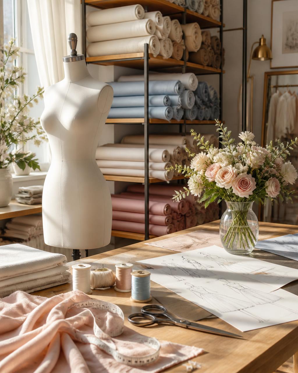 Bright, sunlit custom sewing studio with fabric rolls, a mannequin, and tailoring tools
